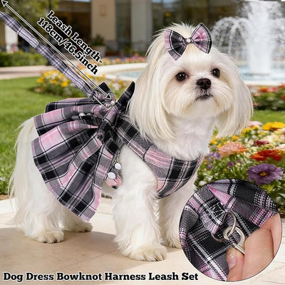 Dog Plaid Dress Harness and Leash Set with Pearls Bow Adjustable Puppy Dress Mesh Vest Bow Knot Pet Clothes for Cute Small Girl Dog Cat