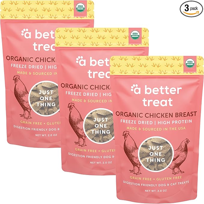 Organic Freeze Dried Chicken Breast Dog Treats, Organic, Single Ingredient | Natural Healthy High Value | Gluten Free, Grain Free, High Protein, Diabetic Friendly | Made in The USA