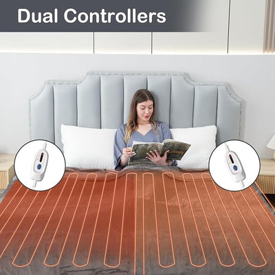 Eydna Electric Heated Blanket Queen Size 84"x90", Soft Plush Microplush for Bed, Dual Controllers & Heating Zones, 10 Hs Auto Off & 4 Heating Levels, Machine Washable, Gifts for Womens-Light Gray