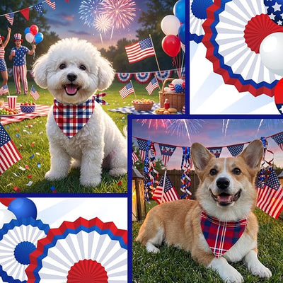 Abbylike 50 Pcs 4th of July Plaid Dog Bandanas Bulk Red White Blue Gingham Bandana for Dogs Triangle Kerchief Bib Scarf for Pet Independence Day 250th Anniversary Patriotic Party Costume, 25 Styles