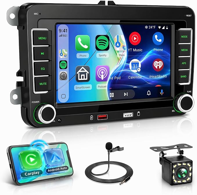 Double Din Car Stereo Wireless Carplay Android Auto for VW Passat Golf MK5 MK6 Jetta T5 EOS Seat Sharan, 7'' Car Radio IPS Screen GPS Bluetooth FM/AM/RDS EQ SWC Backup Camera Dual USB Ports