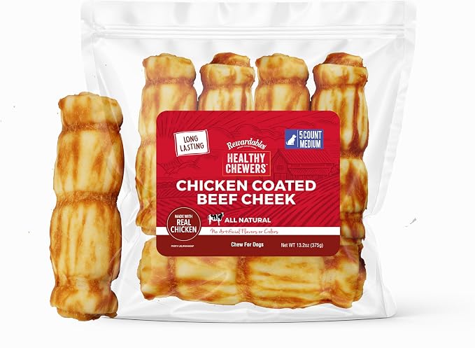 Chicken Coated Beef Cheek Rolls for Dogs [5 Inch] — Long Lasting Chew, All Natural, No Artificial Flavors, 5 Pack — Moderate to Aggressive Chewers, Small to Medium Dogs