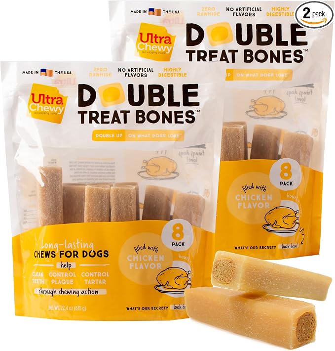 Double Treat Bones: Long-Lasting Dog Treats Made in USA for Large and Small Breeds, Highly Digestible, Ideal for Aggressive Chewers (Chicken, 2 Value Packs)