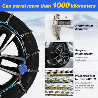 Auto Tightening Snow Chains for Cars, SUVs & Pickup Trucks – 1-Min Quick-Fit Auto Installation, Reusable Universal Emergency Traction Tire Chains – Set of 2（ALN90）