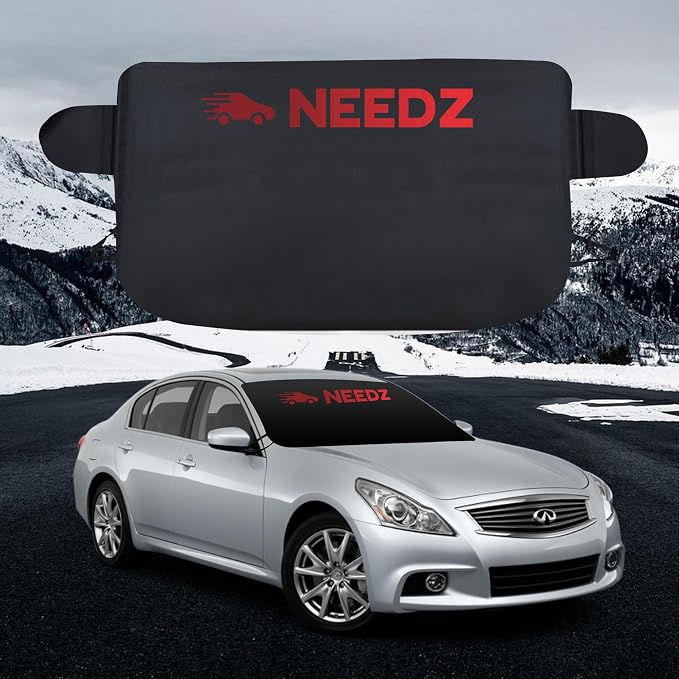 NEEDZ 2in1 Windshield Cover for Sun and Snow | Light Weight 170T Silver Coated Fabric Premium Windshield Protection for Cars, SUVs, Trucks | Secure Fit Waterproof Frost Cover | Large (88"x39")*