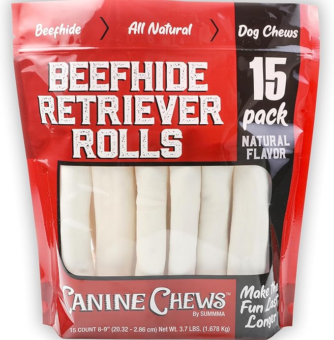 8-9" Retriever Rolls for Large Dogs - Pack of 15 All-Natural Beef Hide Dog Chews for Aggressive Chewers - 3.7 lb.