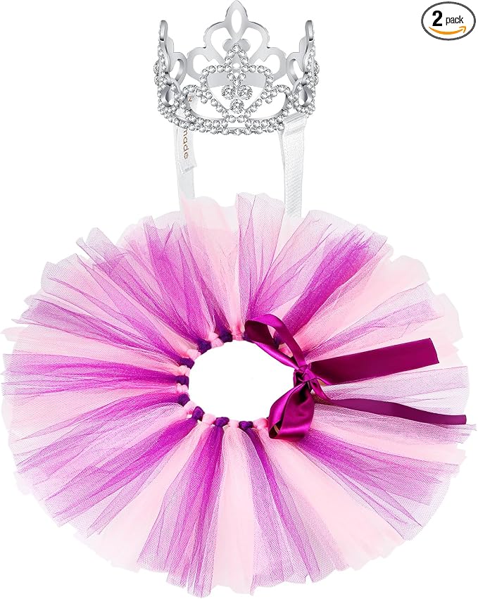 2 Pcs Dog Crown Headband Dog Tutu Dress Set Crystal Rhinestone Tiara Crown Tutu Skirt Pet Dress Costume for Puppy Birthday Party Wedding Photo Prop Costume(Small,Pink Purple)