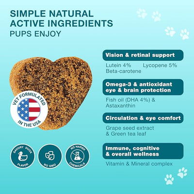 Clear Vision Eye Vitamins for Dogs – 4‑in‑1 Lutein, Lycopene, Vitamin C, Carrot & Fish Oil Vision Support for Senior & Adult Dogs with Cloudy Eyes & Tear Stains, Soft Duck Chews, 120 Tasty Treats