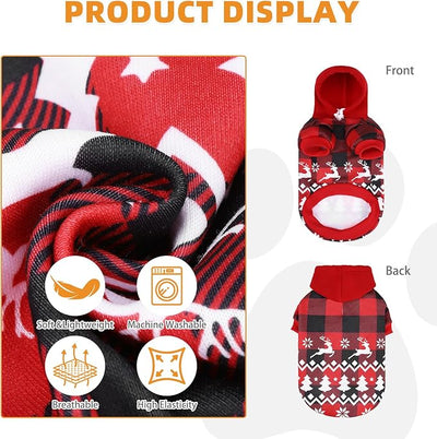 KOOLTAIL Christmas Dog Hoodie, Red Plaid Pet Sweater, Hat Hooded Sweatshirt Dog Clothes for Small Medium Large Dogs Cats, Soft Warm Winter Cold Weather Coat with Leash Hole&Pocket,Reindeer Snowflake,S