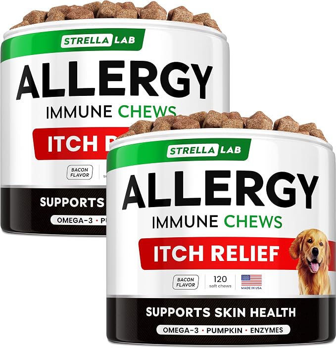 Dog Allergy Relief & Anti Itch Support Chews w/Omega 3: Real Ingredients, Real Taste! Skin & Coat Immune Supplement w/Fish Oil, Pumpkin & Enzymes — Developed by Experts - Made in USA -240Ct