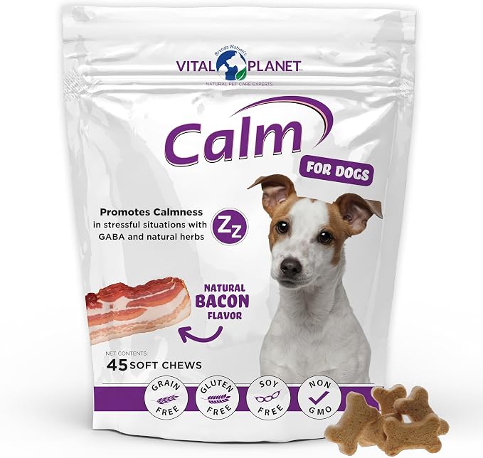 Calm Soft Chews for Dogs, Promotes Calmness in Stressful Situations with GABA, Colostrum, Valerian, Turmeric, Chamomile, and L-Theanine - 45 Natural Bacon Flavored Soft Chews