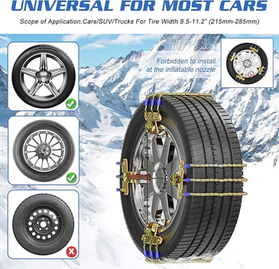 Upgraded Snow Chains 8 Pack, Tire Chains for Passenger Cars, Pickups, and SUVs, Universal Adjustable Emergency Portable Snow Tire Chains for Tire Width 215-285mm