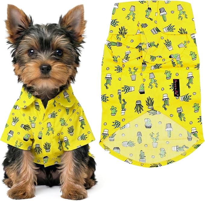 Cactus Dog Shirt - Cotton Clothes for Small Dogs - Stylish Tropical Yellow Dog Outfit - Lightweight and Soft Puppy Clothes - Trendy Tshirts for Dogs - Comfortable Summer Camp Pet Apparel