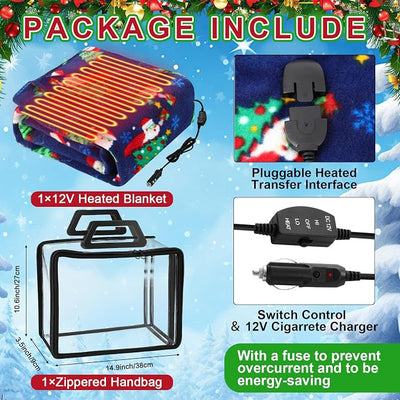 Tuanse 58 x 43 Inches 12 Volt Heated Car Blanket Plug in Portable Car Electric Blanket with Cigarette Lighter, Temperature Controller and Storage Bag for Rv Truck Traveling(Dark Blue,Santa Claus)