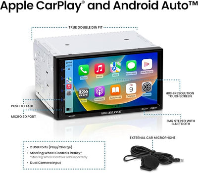 BOSS Audio Systems Elite BE7ACP Car Stereo - 7" Display, Apple CarPlay & Android Auto Head Unit, Double DIN Touch Screen Car Stereo, Bluetooth, AM/FM Radio Receiver, USB, SD, No CD/DVD Player