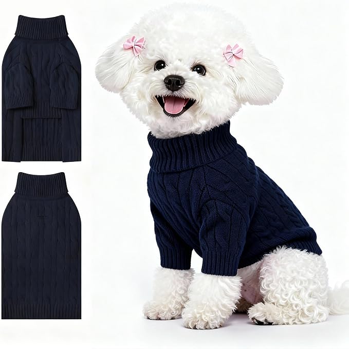 Small Dog Thermal Pullover Sweater, Classic Turtleneck Cable Knitwear Dog Clothes for Cold Weather Warm Pet Clothes for Chihuahua, Bulldog, Dachshund, Pug Navy Medium