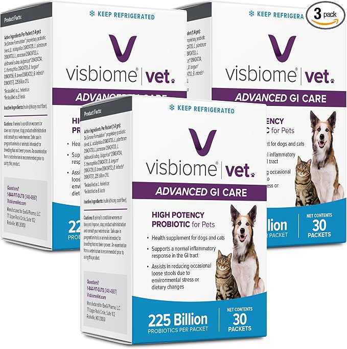 Vet Advanced GI Care High Potency Probiotic for Dogs & Cats – 225B CFU, 8-Strain Formula – Refrigerated, Veterinarian Recommended, Clean Label Certified – 90 Packets