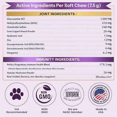 Petscy Longevity Hip & Joint + Immune Support for Dogs - Large (7.5g Chew) - High Dose Glucosamine, MSM, Chondroitin, Green Lipped Mussel, Omega 3, Probiotics - 30 Chews (Large Dogs)