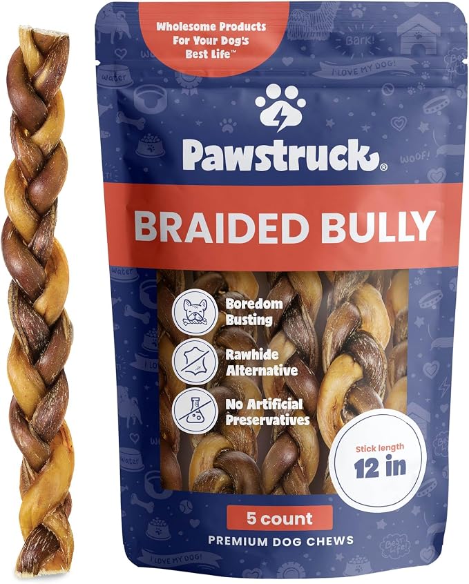 Natural 12" Braided Bully Sticks for Dogs – Tough, Long-Lasting, Rawhide-Free, Low-Odor, Single Ingredient Chew Treat for Aggressive Chewers – 5 Count – Packaging May Vary