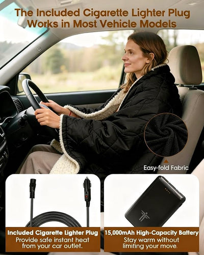 12V Battery Operated Heated Wearable Blanket for Camping Stadium Office | 70*50in Large Size & 3-level Temperature Up To 167°F &15000mAh Battery Included &Overheat Protection
