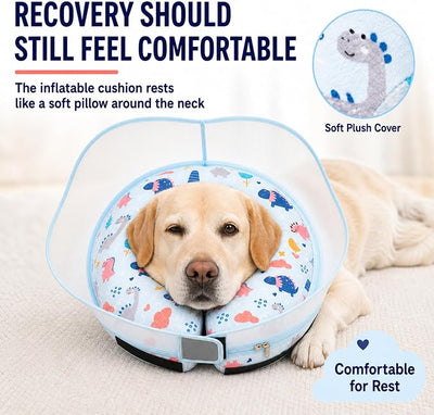Inflatable Dog Cone Collar for Large Medium Small Dogs, Soft Dog Donut Collar Adjustable Recovery Cone for Pets After Surgery, Extra Enhanced Anti-Licking Guard Shield (Dinosaur, X-Large)