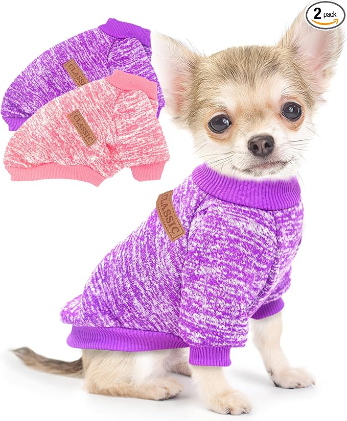 2 Pack 3.5-5.5lbs Dog Sweaters for Small Dogs Girl Winter Dog Clothes Fleece Puppy Sweaters Warm Thick Pet Sweatshirt Outfit Small Dog Sweater for Boy Dogs and Cat,XS,Pink Purple