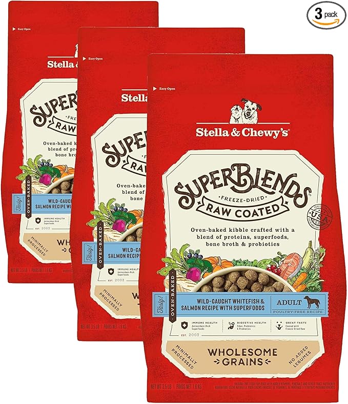 Stella & Chewy's SuperBlends Raw Coated Wholesome Grains Wild-Caught Whitefish & Salmon Recipe with Superfoods, 3.5 lb. Bag (Pack of 3)