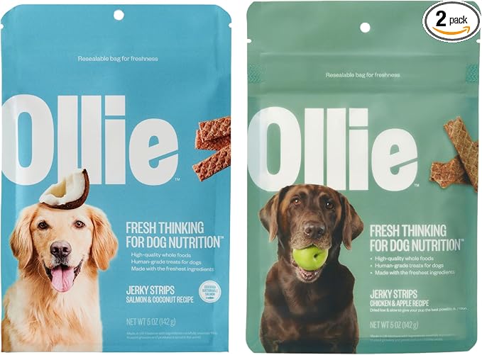 Jerky Dog Treats Variety Pack, Chicken and Apple & Salmon and Coconut Bundle, All Natural, Healthy, Made with Real Meat 5 Oz. Pack of 2