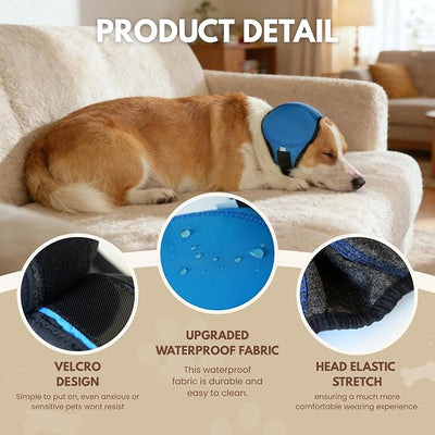 Waterproof Dog Ear Covers for Bathing,Hematoma,Drying,No Shake Ear Wraps for Dogs Ear Muffs Noise Protection Anxiety Relief,Adjustable Dog Calming Hoodie Shower Cap for Grooming(Blue,L)