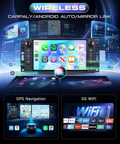 7" Car Stereo Radio for Jeep Wrangler 2007-2015 4G+64G | Wireless CarPlay Android Auto, GPS, 5GHz WiFi, FM/RDS, SWC, Backup Camera for Grand Cherokee 2005-2011 Dodge Ram 1500 2500