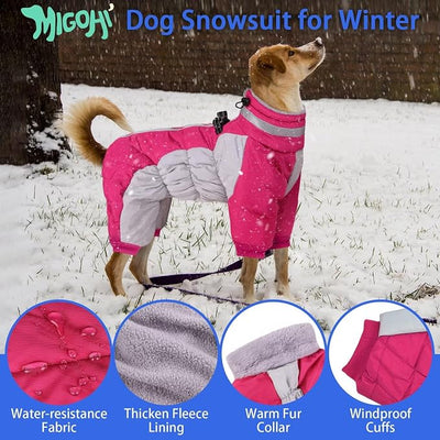 MIGOHI Full Body Dog Coat，Warm Coats for Medium Dogs | Reflective Winter Coat for Dogs with Harness,Turtleneck Dog Snowsuit with Legs,Windproof Pet Fleece Puffer Jacket,L,Rosered