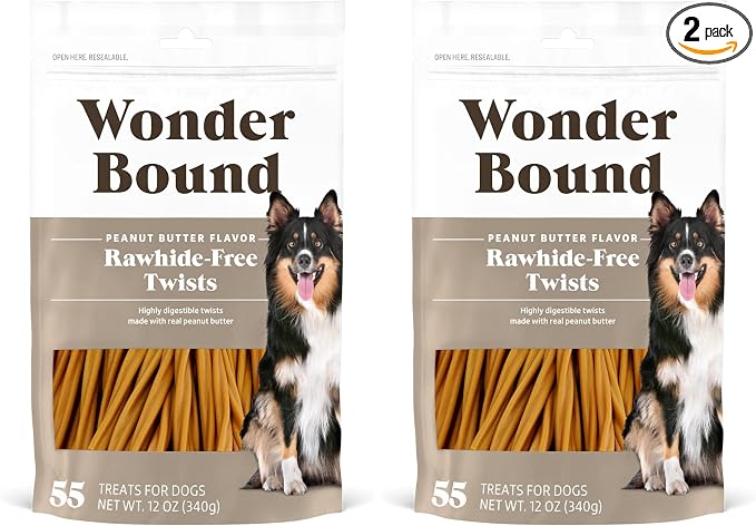 Amazon Brand - Peanut Butter Flavor Rawhide Free Twists Dog Treats, Long-Lasting, Easily Digestible Dental Health Chews, 55 Count, 12 Ounces (Pack of 2)