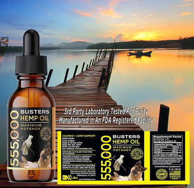 Busters Large 60ml Bottle, 2mth Supply, Organic Hemp Oil for Dogs and Cats 555000, Made in USA Perfectly Balanced Omega 3 6 9 Supports Hips and Joints Calming Drops