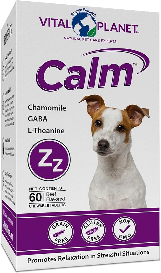 Calm Chewable Tablets for Dogs, Promotes Calmness in Stressful Situations with Valerian, Lemon Balm, Chamomile, GABA, L-Theanine and Natural Herbs - 60 Beef Flavored Chewable Tablets