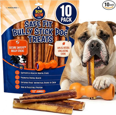 Bow Wow Labs SafeFit™ Bully Sticks for Dogs - 100% All Natural Beef Sticks, Grass-Fed, Low Odor, Long Lasting Dog Chews, Dog Chew Treats, Bully Stick for Small, Medium, Large Dogs - 12" Jumbo 10 Pack