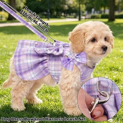 Dog Plaid Dress Harness and Leash Set with Pearls Bow Adjustable Puppy Dress Mesh Vest Bow Knot Pet Clothes for Cute Small Girl Dog Cat (Purple&White, Medium)