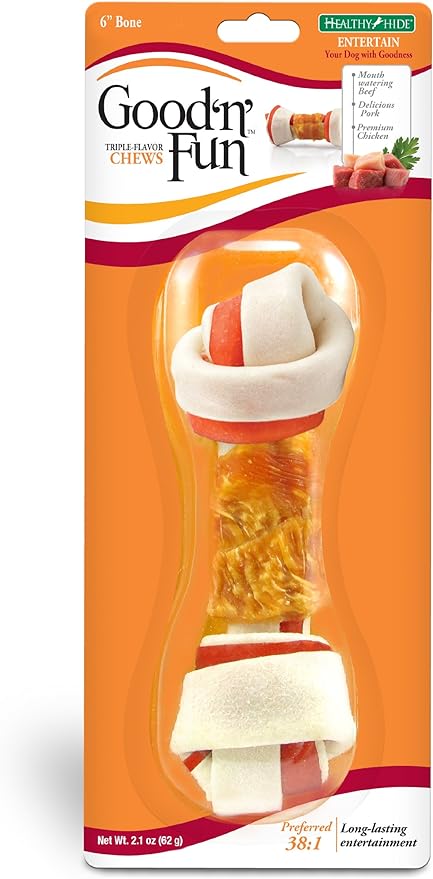Good'n'Fun Good N’ Fun Triple Flavor Chews, Rawhide Treats For Dogs, 6-Inch Bone