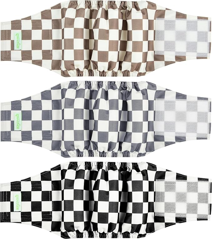 wegreeco Washable Male Dog Belly Band (Stylish Pattern)- Pack of 3 - Washable Male Dog Belly Wrap, Dog Diapers Male (Black, Grey, Dark Coffee Checkerboard, X-Small)