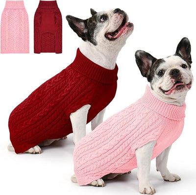 Dog Sweater 2 Pack for Medium Dogs, Size M, Pink & Red | Stretchy cable knit turtleneck, machine washable, high belly cut, comfy winter fit for French Bulldog, Pug