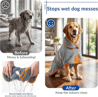 Bienbee Dog Bathrobe, Quick Drying Super Absorbent Pet Robes for Small Medium Large Dogs, Drying Coat for After Bath & Swim, Warm & Cozy Dogs Towels, Dog Puppy Bath Supplies, Gray XXL