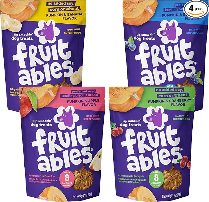 Fruitables Baked Dog Treats Variety 4 Pack (Pumpkin & Apple, Banana, Blueberry, Cranberry) - 7 oz (4 Pack)