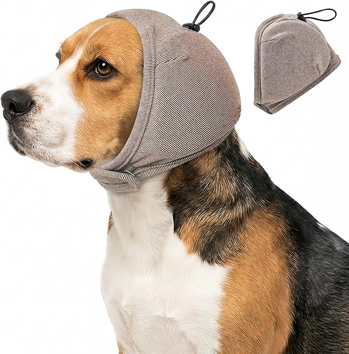 Dog Ear Muffs - No Shake Ear Wrap & Quiet Calming Hoodie, Adjustable Head Snood Cover for Dogs, Noise & Anxiety Relief, Hematoma Protection for Grooming, Drying, Fireworks (Light Brown, S)