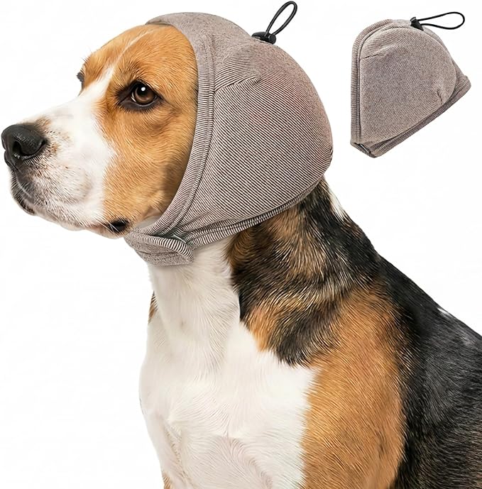 Dog Ear Muffs - No Shake Ear Wrap & Quiet Calming Hoodie, Adjustable Head Snood Cover for Dogs, Noise & Anxiety Relief, Hematoma Protection for Grooming, Drying, Fireworks (Light Brown, M)