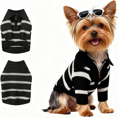 Small Dog Sweater with Zipper, Knitted Striped Pullover Dog Clothes for Cold Weather, Thick Warm Cozy Stretchy Sweater for Chihuahua, Bulldog, Dachshund, Pug(Black & White Strip, S)