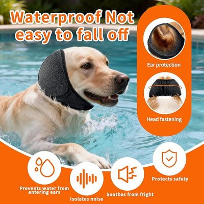 NEW Dog Ear Muffs Noise Protection Anxiety Relief for Fireworks Thunder, No Flap Ear Wrap Ear Covers for Bathing Swimming Grooming, Waterproof Elastic Adjustable Dog Snood Comfortable & Quiet(Grey, M)