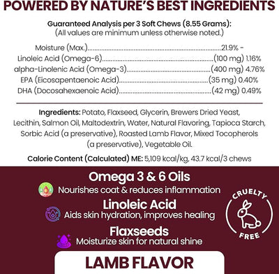 Salmon Oil for Dogs - Soft Chew Omega Treats for Skin and Coat - Fish Oil Blend of Essential Fatty Acids, Omega 3 and 6, Vitamins, Antioxidants and Minerals - Made in USA (180 Chews, Lamb)