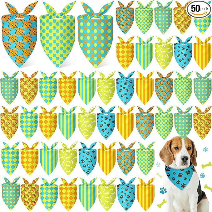 50 Pcs Cartoon Dog Bandana Bulk for Hippie Paw Print Flower Adventure Cute Soft Triangle Dog Bibs Summer Theme Birthday Party Supplies for Small Medium Large Costume 25.6 x 17.7 x 17.7 Inch