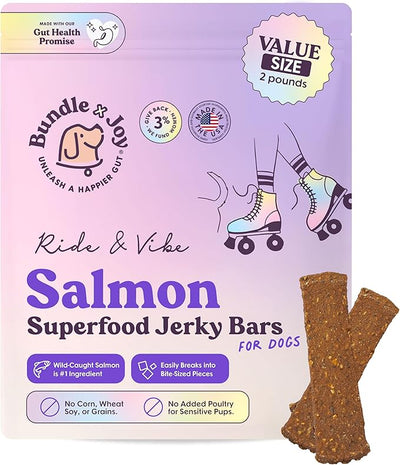 Bundle x Joy Ride & Vibe Wild-Caught Salmon Jerky for Dogs - 2 Lbs Bag, Natural Superfood - Corn, Poultry, Soy & Grain Free Salmon Dog Treats Made in USA Only