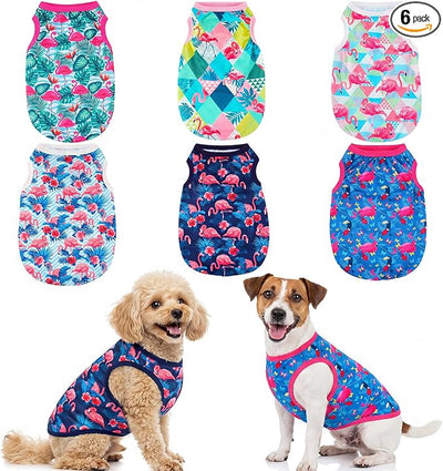 Kajaia 6 Pack Summer Flamingo Dog Shirts, Hawaiian Tropical Tank Tops Clothes Outfit for Dogs Luau Pool Summer Party Costume Cute Sleeveless Pet Apparel for Chihuahua Puppy Toy Breeds Cats(Large)