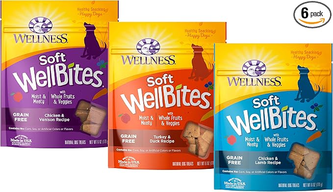 Wellness Soft WellBites Variety Pack, 6 Ounces Each, Chicken & Venison, Turkey & Duck, Chicken & Lamb, Grain-Free Dog Treats